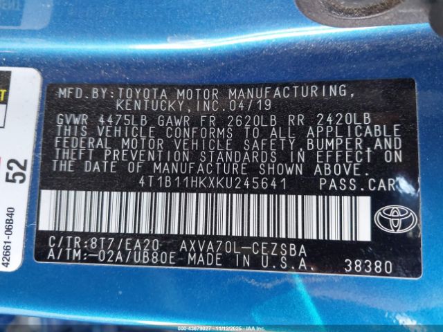 2019 TOYOTA CAMRY 4T1B11HKXKU245641 Photo 8