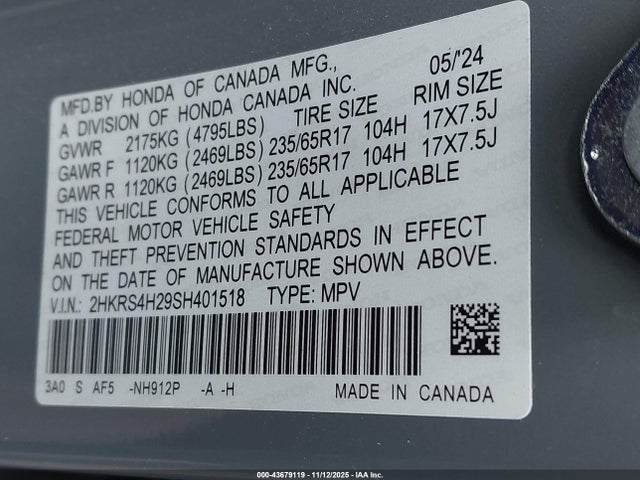 2HKRS4H29SH401518 Honda Cr-v Lx Awd