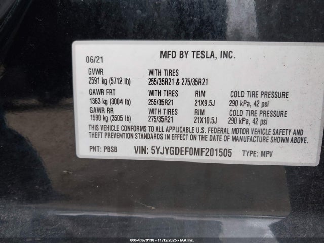2021 TESLA MODEL Y 5YJYGDEF0MF201505 Photo 8