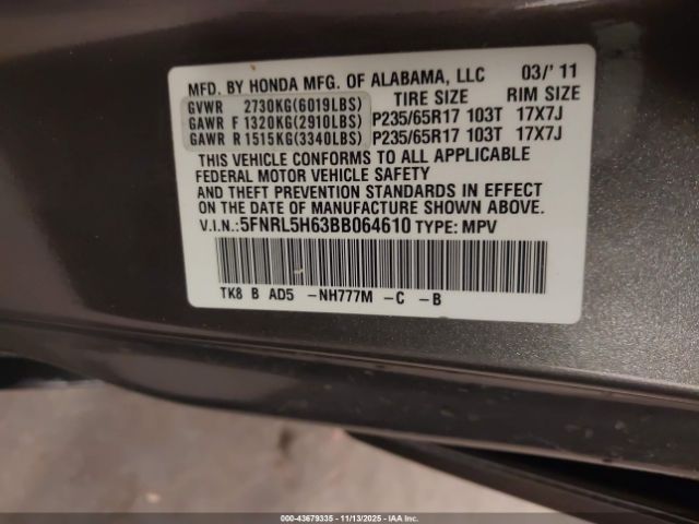 2011 HONDA ODYSSEY 5FNRL5H63BB064610 Photo 8