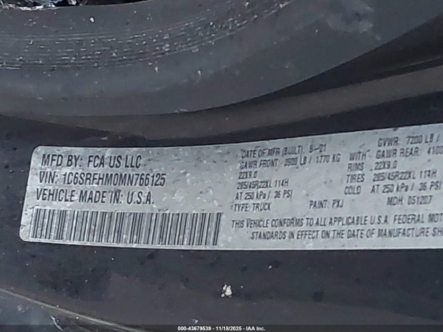 Продаж на аукціоні авто 2021 Ram 1500 Limited  4x4 5'7 Box, vin: 1C6SRFHM0MN766125, номер лоту: 43679539