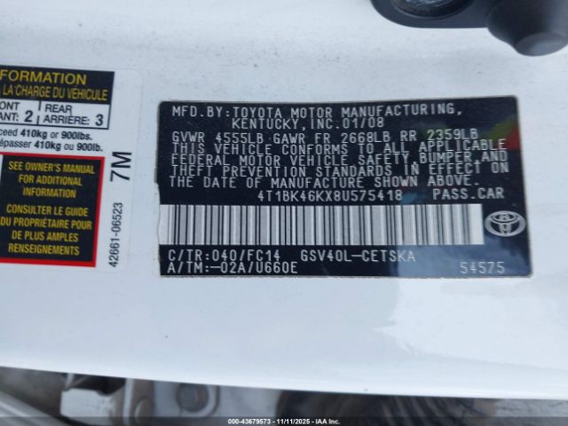 2008 TOYOTA CAMRY 4T1BK46KX8U575418 Photo 8