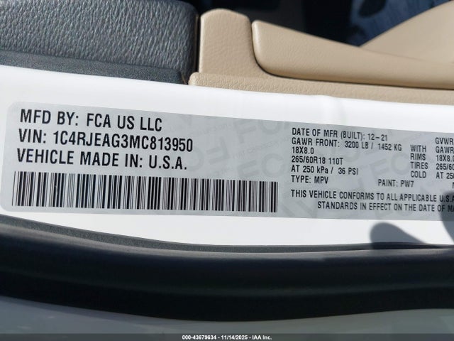 2021 Jeep Grand Cherokee Laredo E 4x2 მანქანა იყიდება აუქციონზე, vin: 1C4RJEAG3MC813950, აუქციონის ნომერი: 43679634