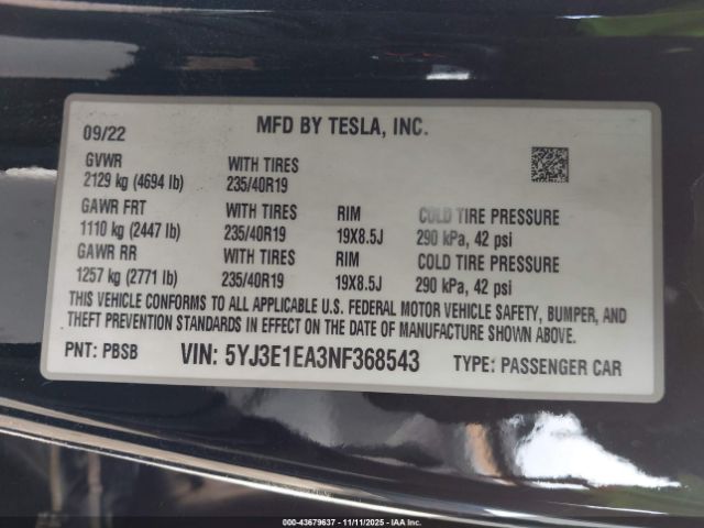 2022 TESLA MODEL 3 5YJ3E1EA3NF368543 Photo 8