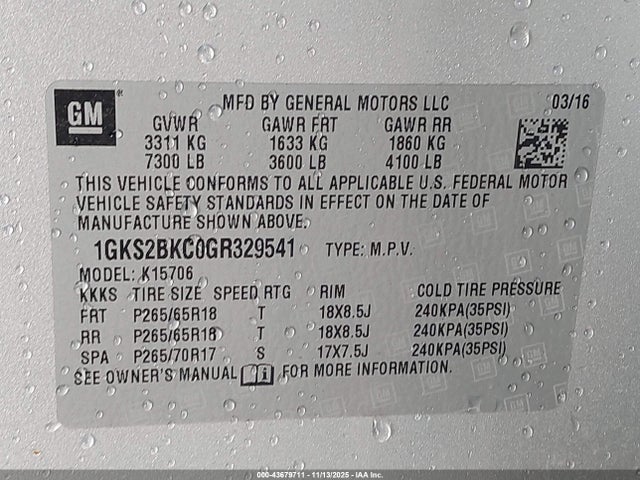 1GKS2BKC0GR329541 GMC YUKON SLT