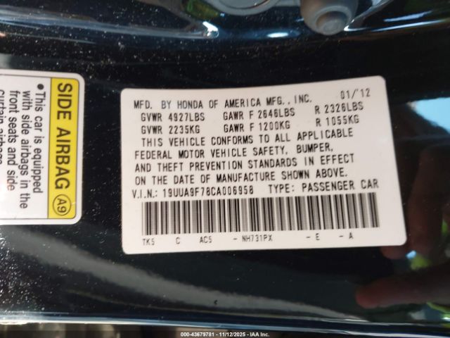 2012 ACURA TL 19UUA9F78CA006958 Photo 8