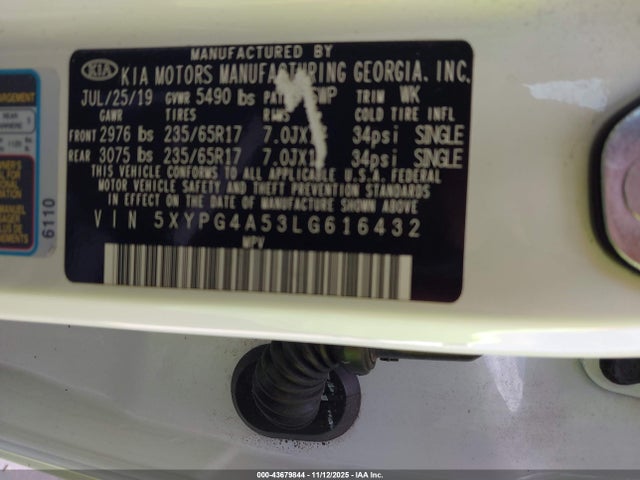 43679844 :رقم المزاد ، 5XYPG4A53LG616432 vin ، 2020 Kia Sorento 3.3l Lx مزاد بيع