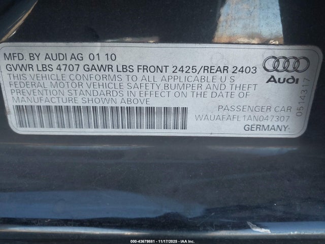 Aukcja sprzedaży 2010 Audi A4 2.0t Premium, vin: WAUAFAFL1AN047307, numer aukcji: 43679881