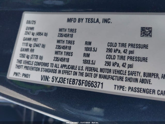 Aukcja sprzedaży 2025 Tesla Model 3 Long Range All-wheel Drive, vin: 5YJ3E1EB7SF066371, numer aukcji: 43679967