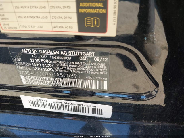 Auction sale of the 2013 Mercedes-benz S 550 4matic, vin: WDDNG9EB1DA505891, lot number: 43680131