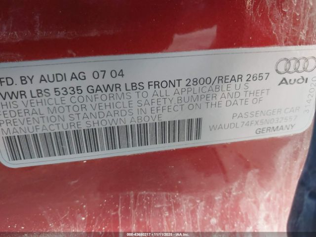 2005 AUDI A6 WAUDL74FX5N032557 Photo 8