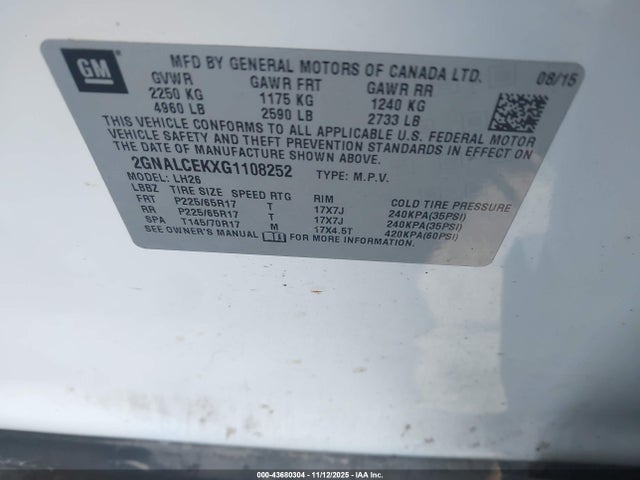 2016 CHEVROLET EQUINOX 2GNALCEKXG1108252 Photo 8