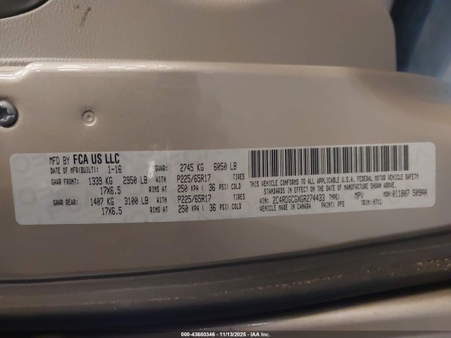43680346 :رقم المزاد ، 2C4RDGCGXGR274433 vin ، 2016 Dodge Grand Caravan Sxt مزاد بيع