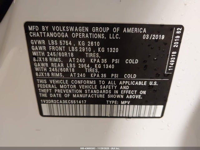 43680383 :رقم المزاد ، 1V2DR2CA3KC551417 vin ، 2019 Volkswagen Atlas 3.6l V6 Se مزاد بيع