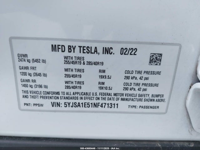 2022 TESLA MODEL S 5YJSA1E51NF471311 Photo 8