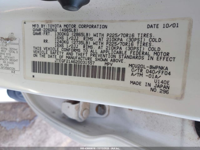 Aukcja sprzedaży 2002 Toyota Highlander Limited V6, vin: JTEGF21A620031557, numer aukcji: 43680616