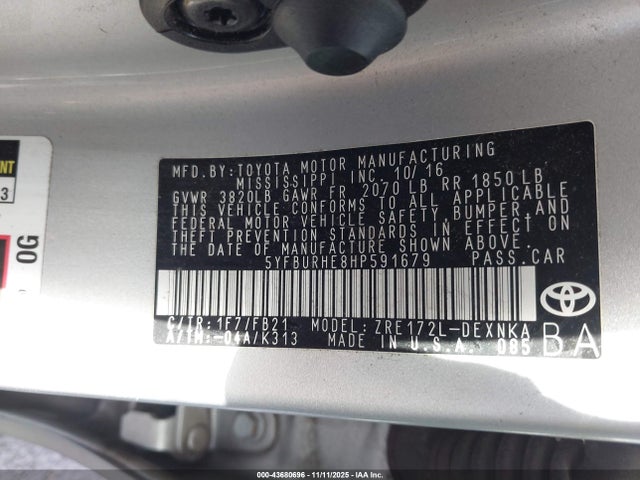 5YFBURHE8HP591679 Toyota COROLLA LE