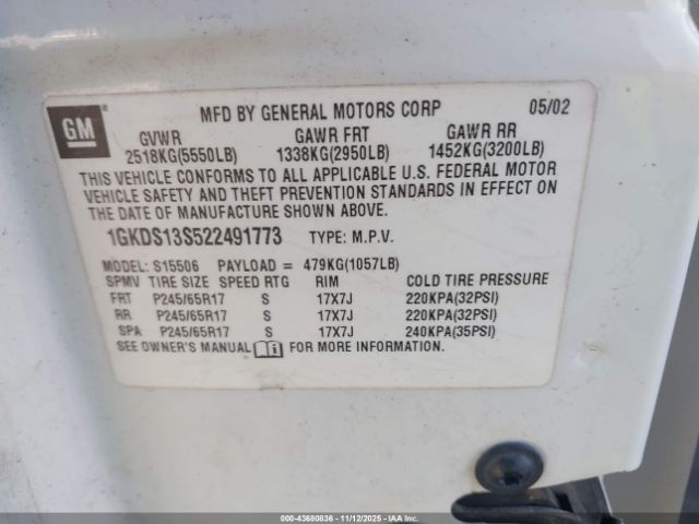 2002 GMC ENVOY 1GKDS13S522491773 Photo 8