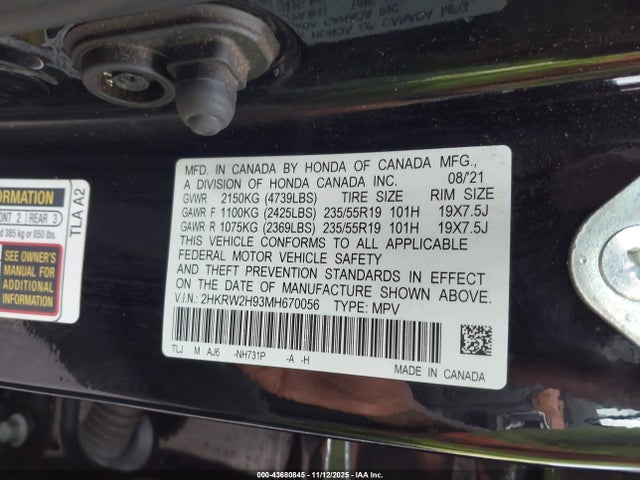 2HKRW2H93MH670056 Honda Cr-v Awd Touring