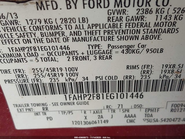 Auction sale of the 2014 Ford Taurus Limited, vin: 1FAHP2F81EG101446, lot number: 43680873
