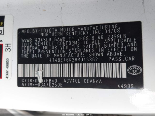 2008 TOYOTA CAMRY 4T4BE46K28R045862 Photo 8