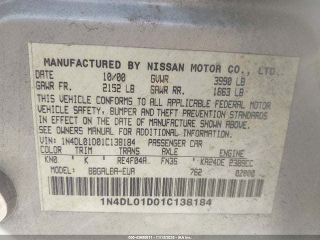 2001 NISSAN ALTIMA 1N4DL01D01C138184 Photo 8