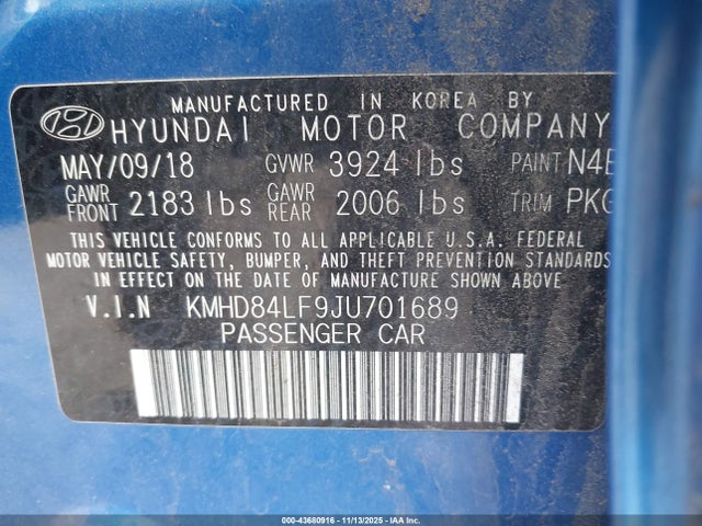 KMHD84LF9JU701689 Hyundai ELANTRA SEL