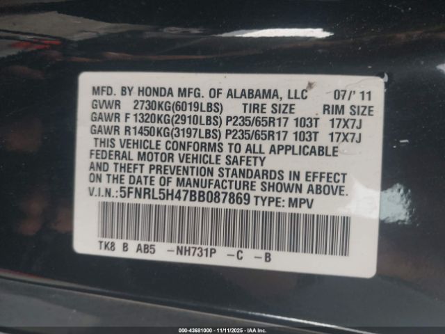 2011 HONDA ODYSSEY 5FNRL5H47BB087869 Photo 8