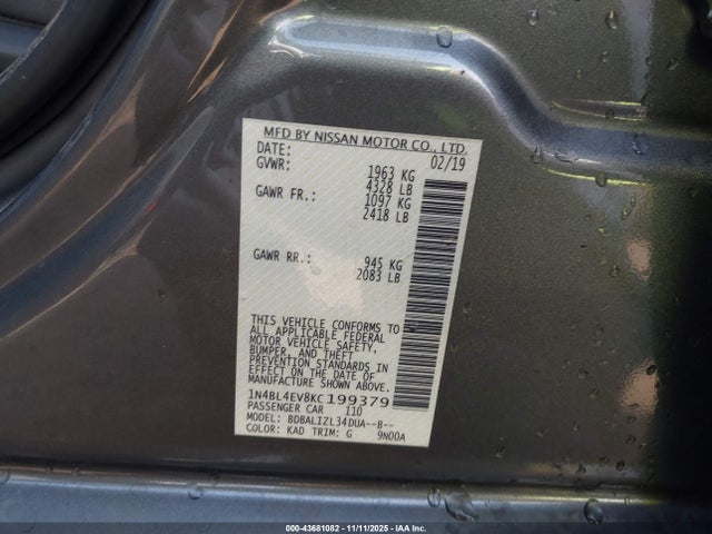 Nissan Altima 2.5 Sl 2019 1N4BL4EV8KC199379 Image 9