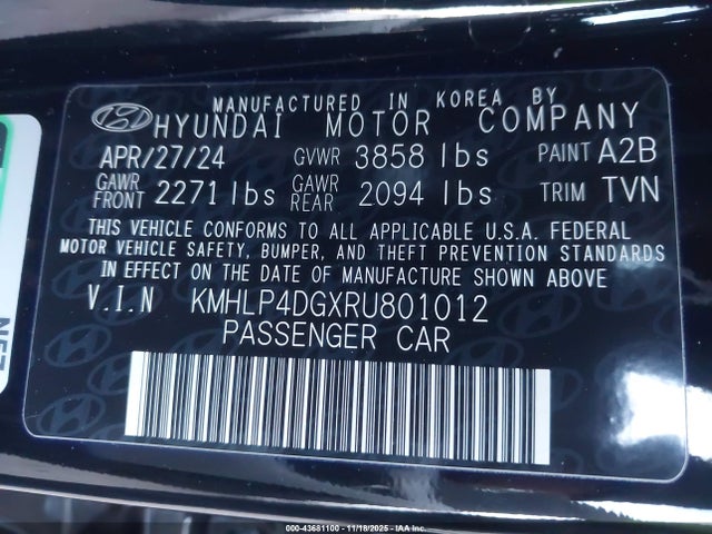 Auction sale of the 2024 Hyundai Elantra Limited, vin: KMHLP4DGXRU801012, lot number: 43681100