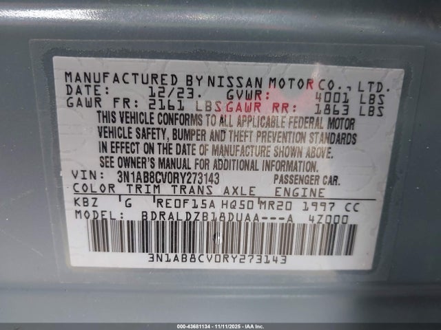 3N1AB8CV0RY273143 Nissan Sentra Sv Xtronic Cvt