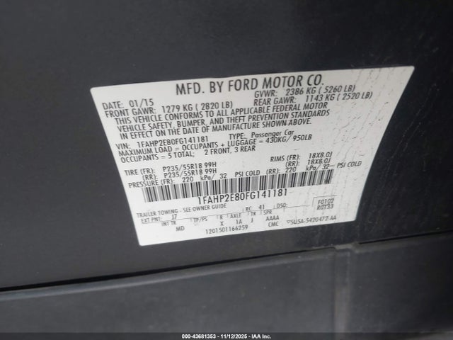 Ford TAURUS SEL 2015 1FAHP2E80FG141181 Image 9