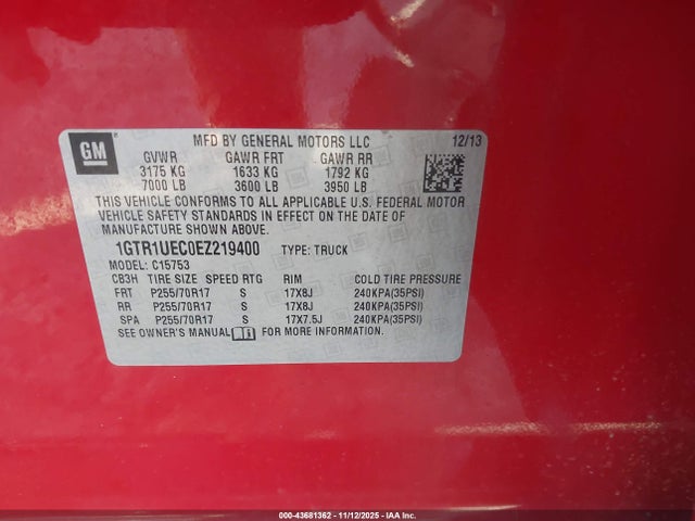 43681362 :رقم المزاد ، 1GTR1UEC0EZ219400 vin ، 2014 Gmc Sierra 1500 Sle مزاد بيع