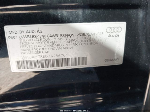 2007 AUDI A4 WAUAH78E07A256761 Photo 8