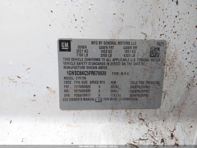Продаж на аукціоні авто 2015 Chevrolet Tahoe Lt, vin: 1GNSCBKC5FR679939, номер лоту: 43681498