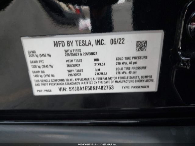 2022 TESLA MODEL S 5YJSA1E50NF482753 Photo 8