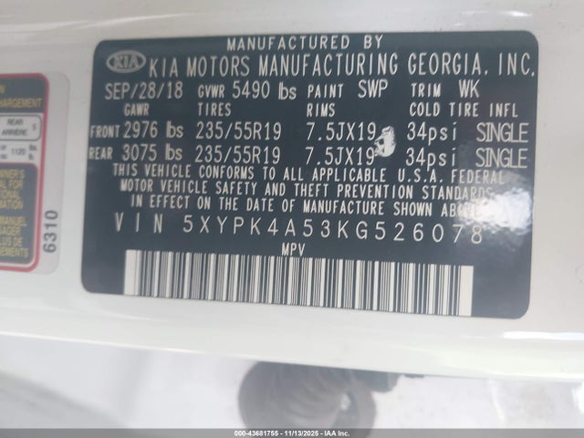 5XYPK4A53KG526078 KIA Sorento 3.3l Sx