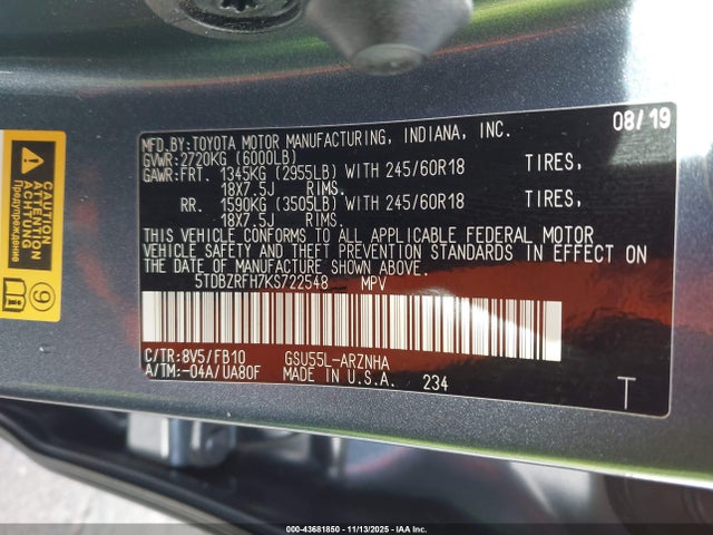 5TDBZRFH7KS722548 Toyota Highlander Le