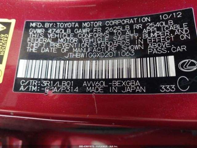 2013 LEXUS ES 300H JTHBW1GGXD2011063 Photo 8