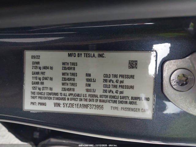 2022 TESLA MODEL 3 5YJ3E1EA9NF373956 Photo 8