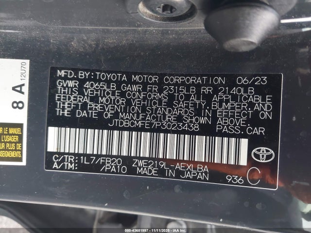 Auction sale of the 2023 Toyota Corolla Hybrid Le, vin: JTDBCMFE7P3023438, lot number: 43681997