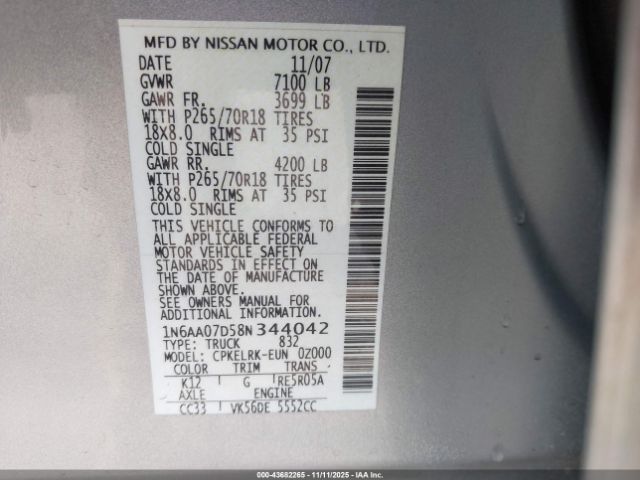 2008 NISSAN TITAN 1N6AA07D58N344042 Photo 8