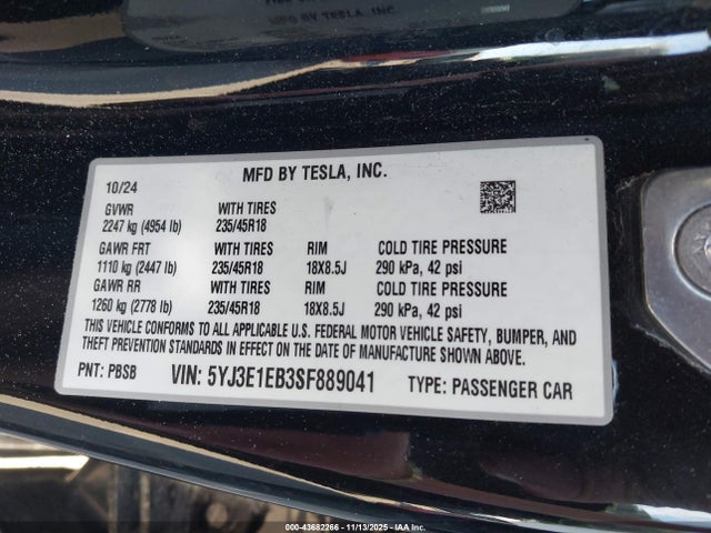 2025 TESLA MODEL 3 5YJ3E1EB3SF889041 Photo 8