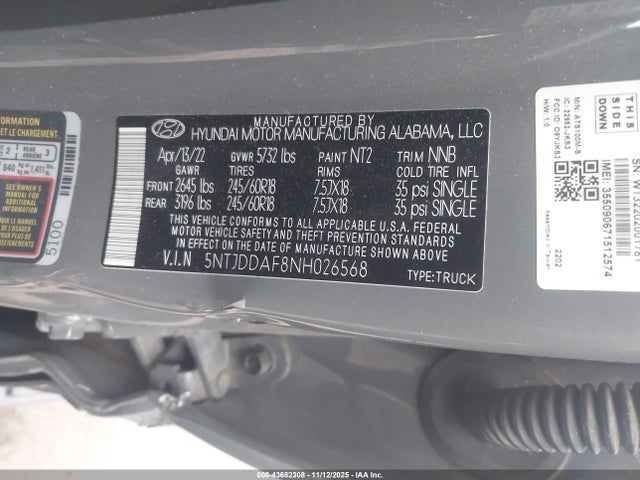 Продажа на аукционе авто 2022 Hyundai Santa Cruz Sel Premium, vin: 5NTJDDAF8NH026568, номер лота: 43682308