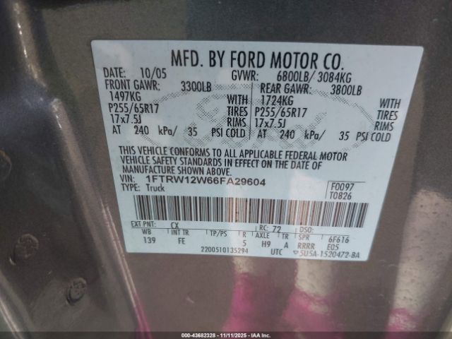 2006 FORD F-150 1FTRW12W66FA29604 Photo 8