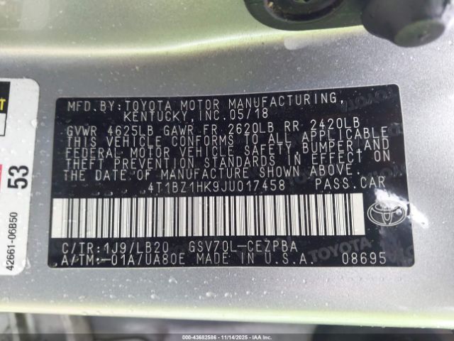 2018 TOYOTA CAMRY 4T1BZ1HK9JU017458 Photo 8