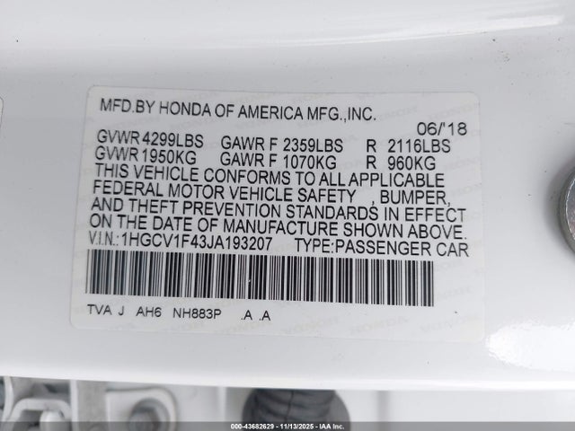 1HGCV1F43JA193207 Honda ACCORD EX