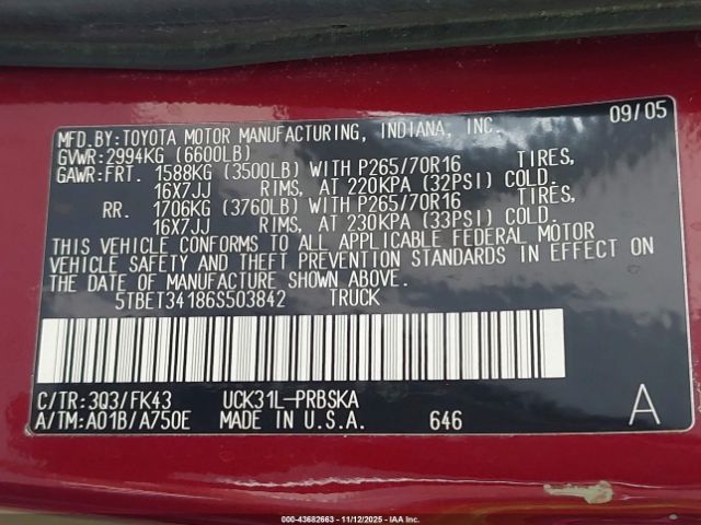 2006 TOYOTA TUNDRA 5TBET34186S503842 Photo 8