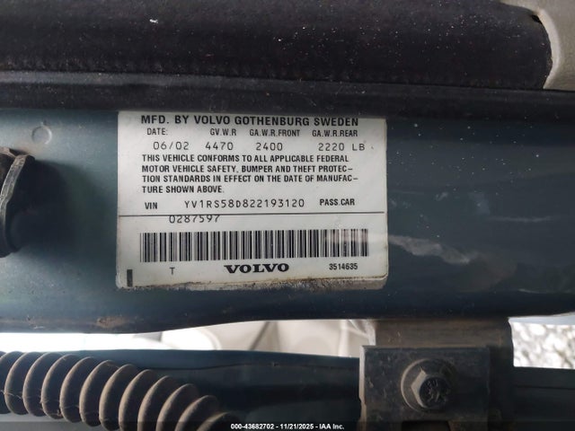 Aukcja sprzedaży 2002 Volvo S60 2.4t, vin: YV1RS58D822193120, numer aukcji: 43682702