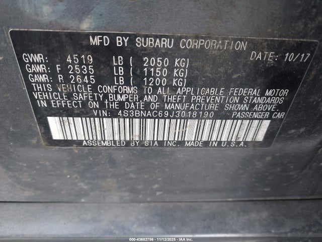 Продаж на аукціоні авто 2018 Subaru Legacy 2.5i Premium, vin: 4S3BNAC69J3018190, номер лоту: 43682756